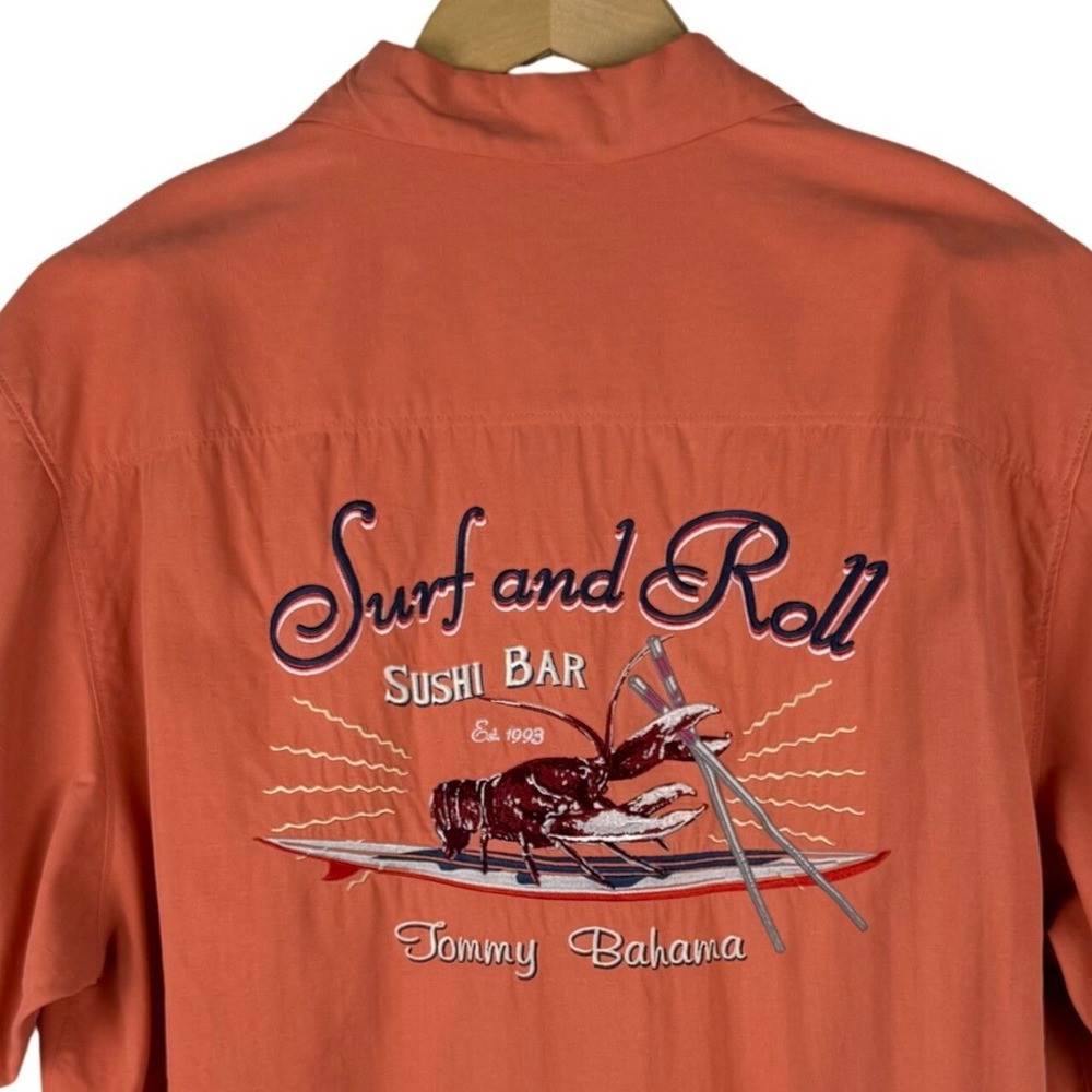 Tommy Bahama Silk Camp Shirt Mens M Surf And Roll Sushi Bar Embroidered Coral
